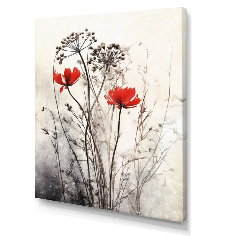 Décoration murale florale rouge et grise I, Sans cadre, H 44 po x l 34 po x P 1 po, Toile tendue