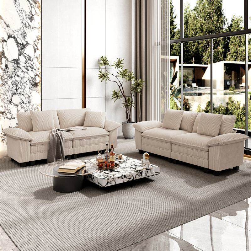 5 - Piece Living Room Set, Beige Corduroy
