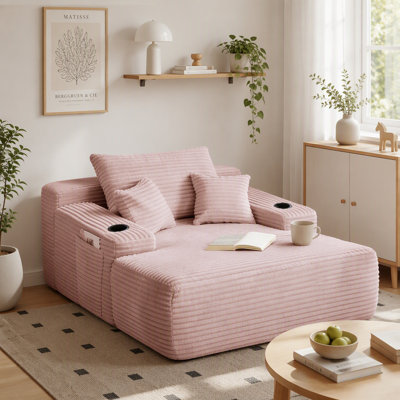 Chaise longue convertible en peluche rose | Canapé-lit sans dossier avec grands accoudoirs | Coussins décoratifs avec porte-gobelet | Aucun assemblage requis pour le salon ou la chambre