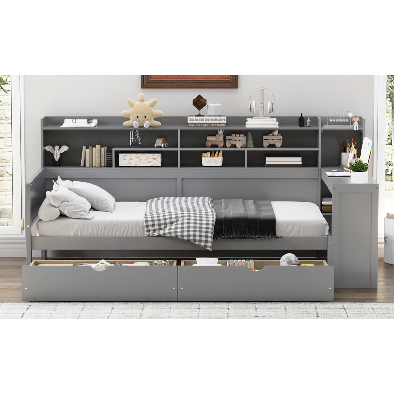 Lit de jour en bois gris avec structure de tablette de rangement, deux tiroirs et un bureau d'étude pour la chambre à coucher