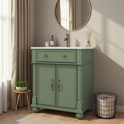 Lavabo de salle de bain 27,8 po Mid-Century avec colonne romaine, meuble-lavabo autoportant Farmhouse avec rangement, meuble-lavabo haut de gamme avec poignées en métal et structure en bois massif