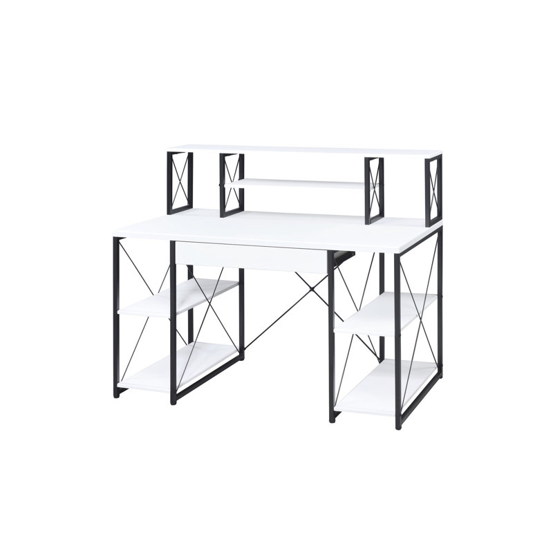 Bureau de travail au fini blanc élégant avec construction robuste et style fonctionnel avec tablettes fixes