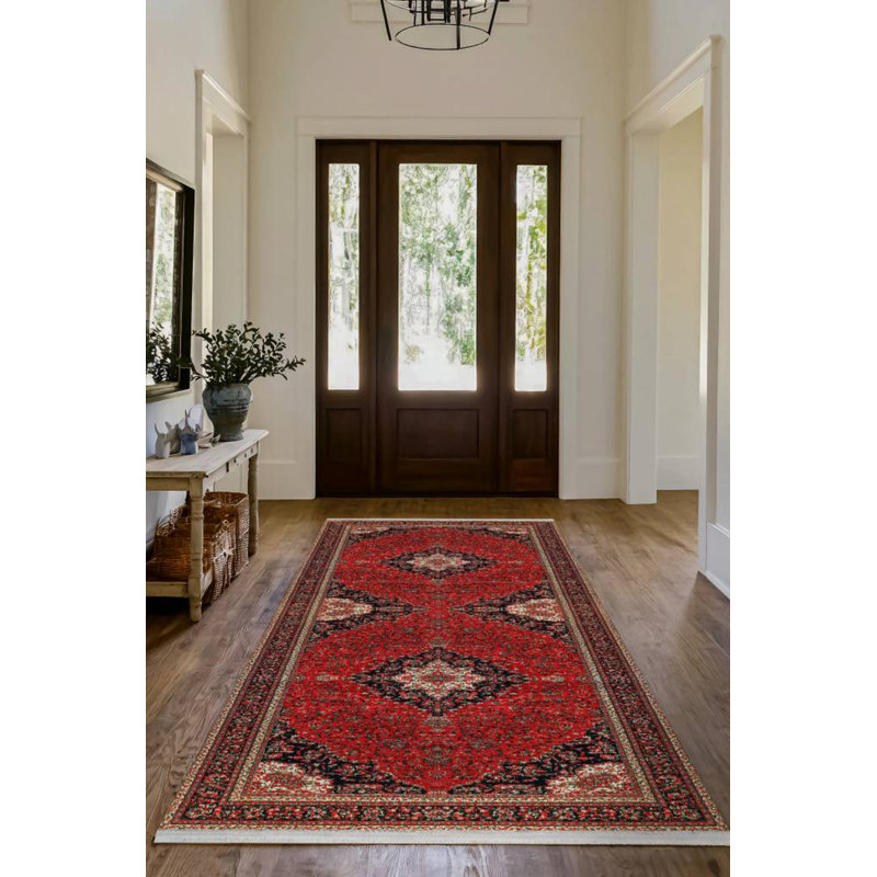 Tapis marocain rouge en coton et polyester à imprimé numérique Alba Collection, Rond 3 pi 4 po
