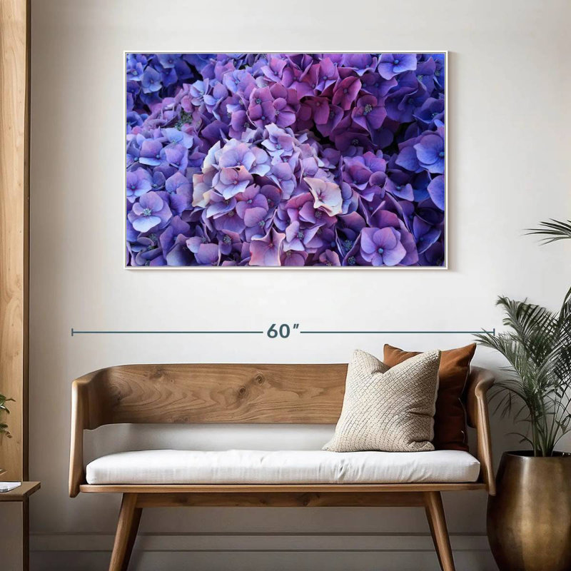 Grappes d'hortensias mauves, Cadre flottant blanc, 25 po x 17 po