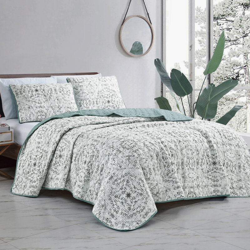 Black Musical Note White Teal Reversible 3 Piece Bedspread Set,King, King Bedspread + 2 King Shams