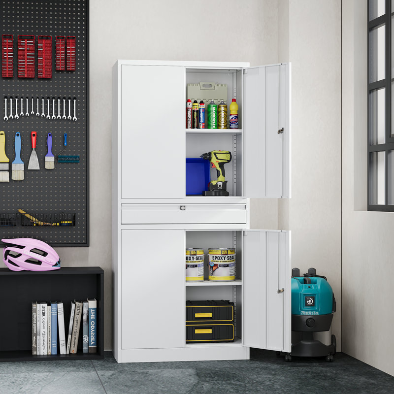 Agilar Locking Metal Garage Cabinet with Adjustable Shelves & Tool Drawer ( 71'' H x 31.5'' W x 15.7'' D), White