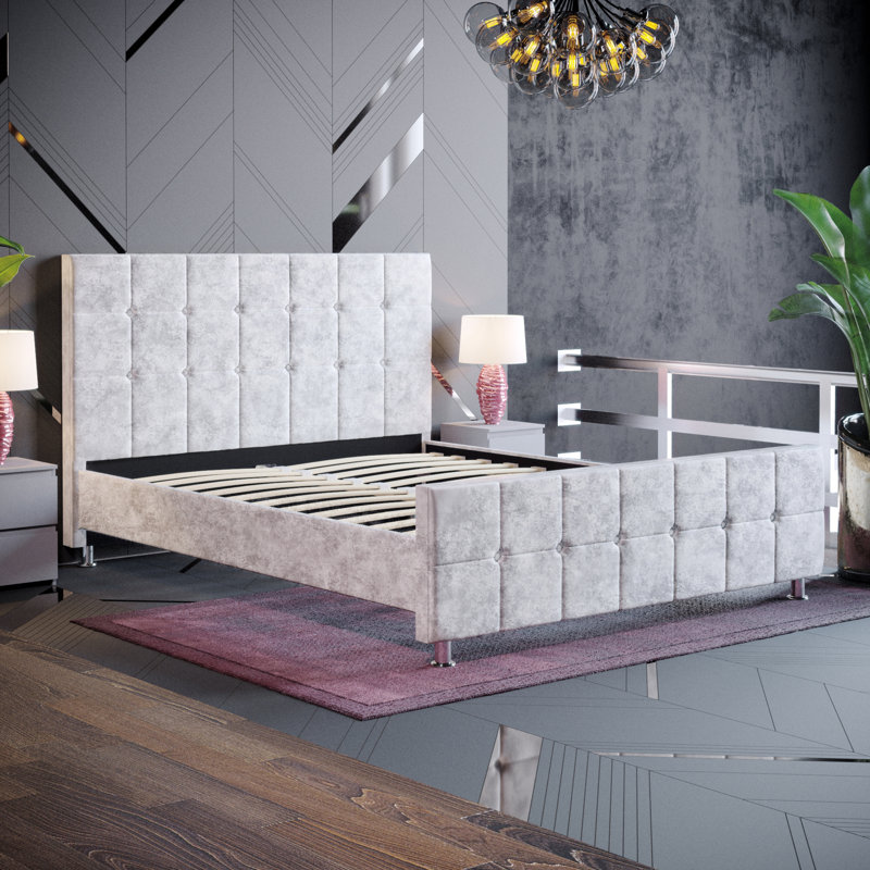 Raul Upholstered Bed Frame, UKFR Certified, Crushed Velvet Silver, Double (4'6)	