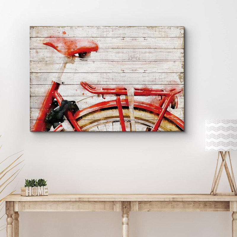Aquarelle, rouge, vélo, détail, transport, vélos, effet bois, panneaux, art, rustique, pastel, H 16 po x l 24 po