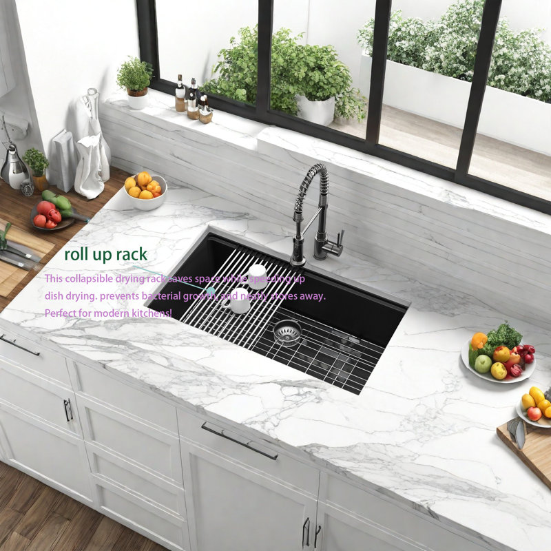 32 Inch Black Quartz Undermount Kitchen Sink, Single Bowl Granite Composite Workstation Sink with Cutting Board, Roll-Up Drying Rack, Basket Strainer & Bottom Grid, 8.94" Deep, for 35" Cabinet