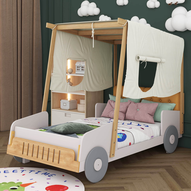 Jahleel Wood Car Bed with Pillow, Ceiling Cloth and, Twin