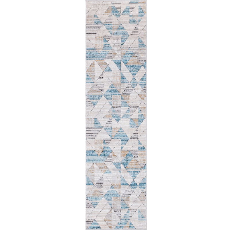  Tapis géométrique beige / bleu, Tapis de couloir 2 pi 7 po x 10 pi