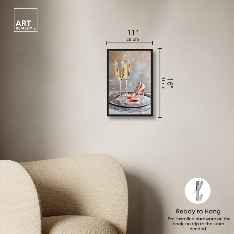 Illustration de mode sur toile avec talons et boissons classiques par , Cadre flottant noir, H 16 po x l 11 po
