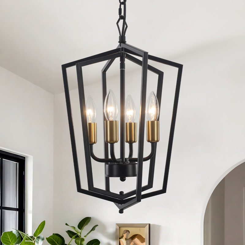 Aonesty 4-light Dimmable Geometric Lantern Chandelier with Wrought Iron Accents, Gold