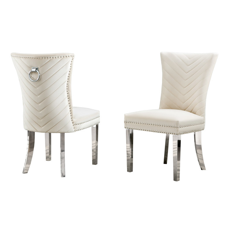 19'' H Velvet Upholstered Metal Side Chair, Silver, Cream
