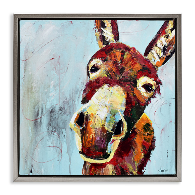 Visage d'âne sur fond bleu, Cadre flottant gris lustré, H 25 po x l 25 po