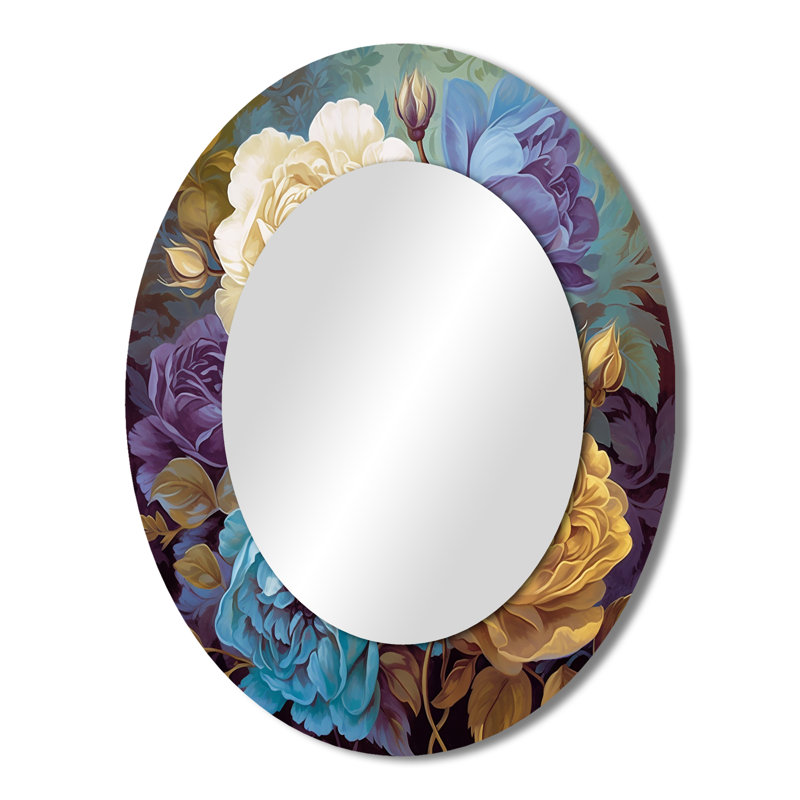Retro Roses Blooming Pink Blue And White I - Traditional Oval Wall Mirror, 43" x 33"