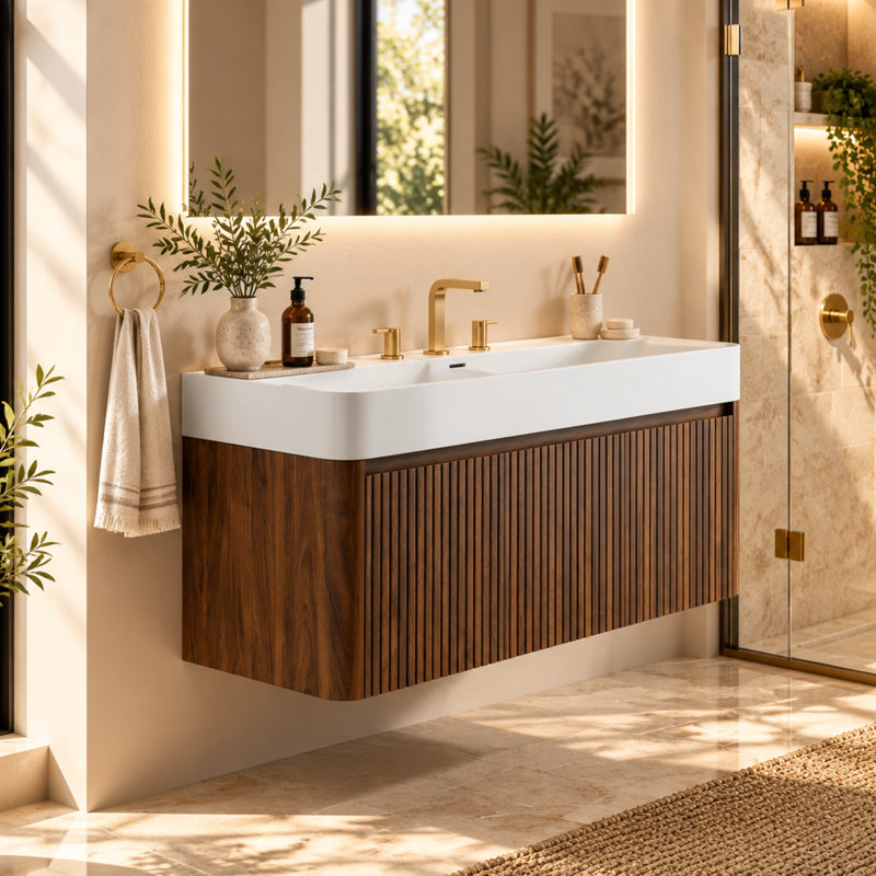 Meuble-lavabo suspendu cannelé de 122 cm (48 po), armoire en noyer avec lavabo en surface solide blanc lustré, portes à fermeture amortie