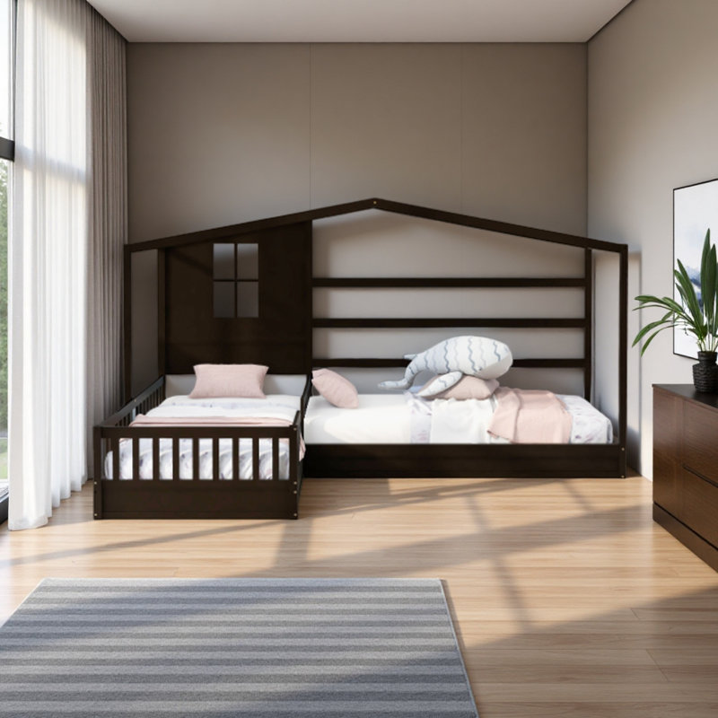 Wood House Bed Twin Size, 2 Twin Solid Bed L Structure With Fence And Slatted Frame, Espresso
