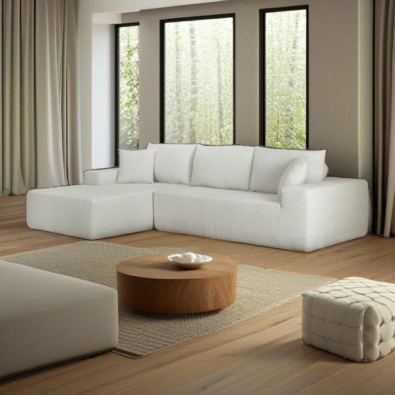 Ramiro Bonless L Shaped Bonless Polyester Memory Foam Sectional Sofa With Chaise, Left Hand Facing, White Polyester