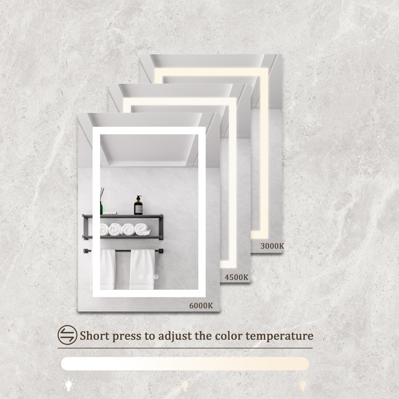 Armoire de toilette avec miroir DEL 20 x 28 pouces - Effet brume, étanche, intensité réglable, tactile, 3000K/6000K, fixation murale. Intensité réglable. 6000K, éclairage, interrupteur, tablette