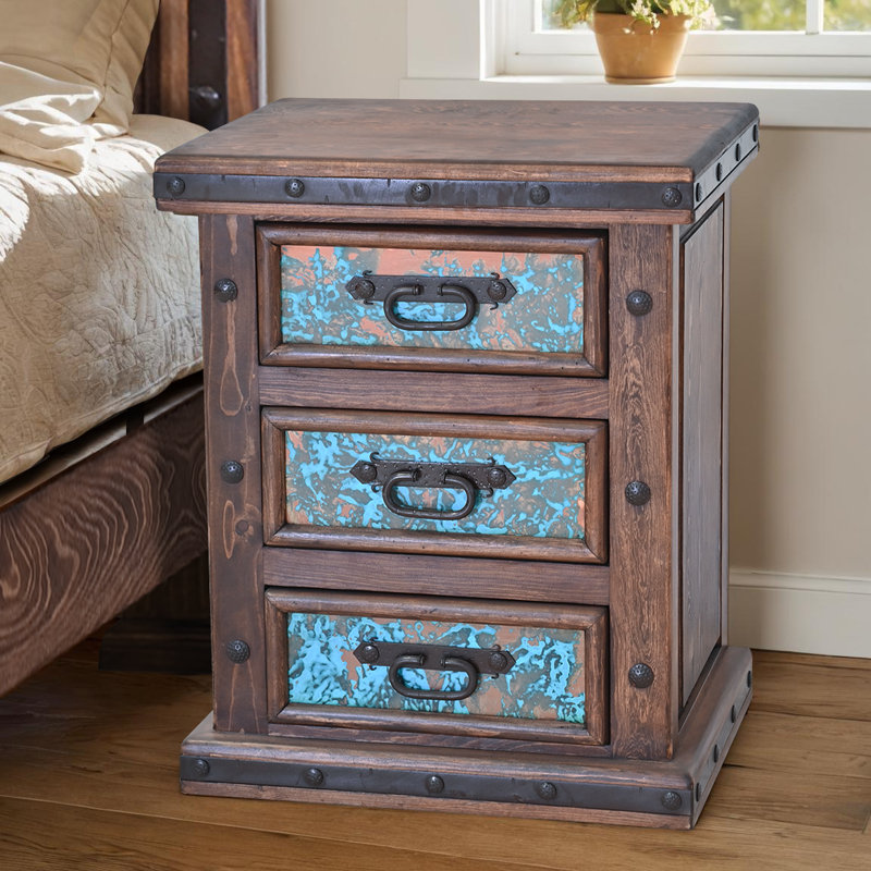Red Rock Valley 3-Drawer Nightstand with Turquoise Copper Panels & Blacksmith Details, Brown/Teal