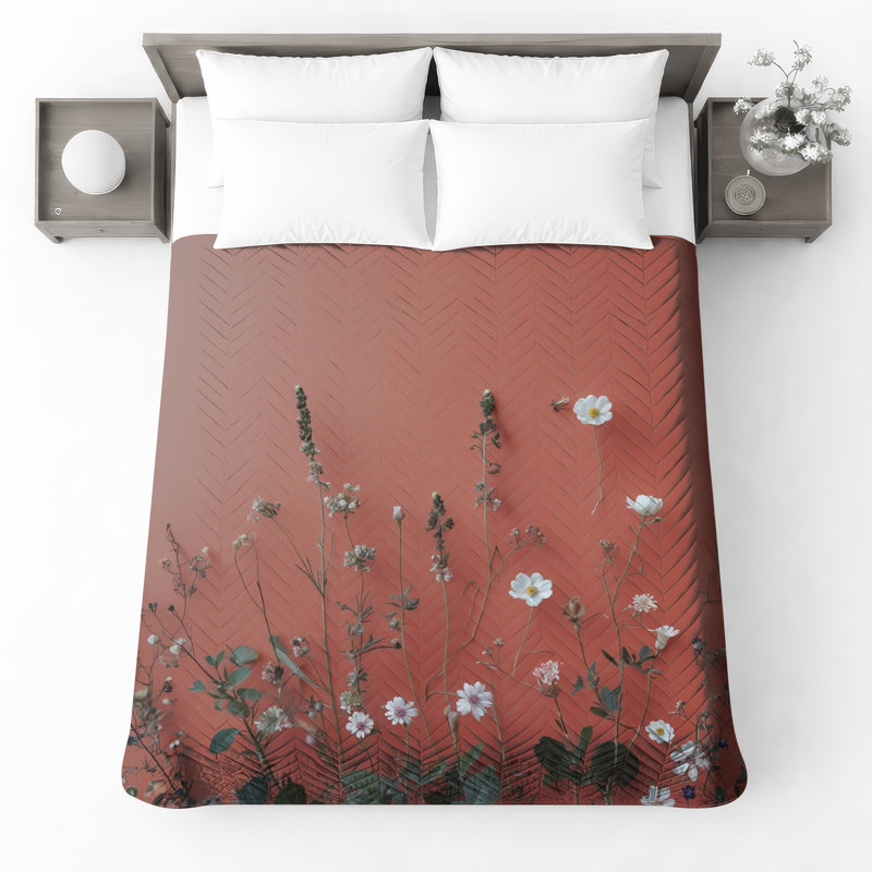 Fleurs sauvages sur fond corail Literie Wildflowers Floral, Double