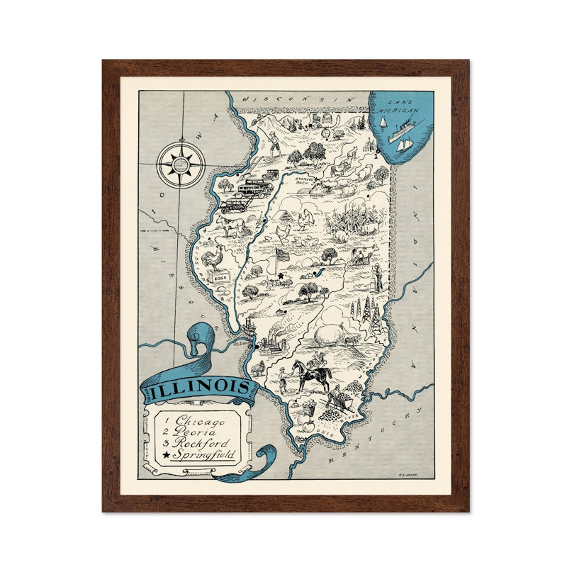 Carte illustrée de l'Illinois, 12"H x 16"W, Poster, Brown Framed