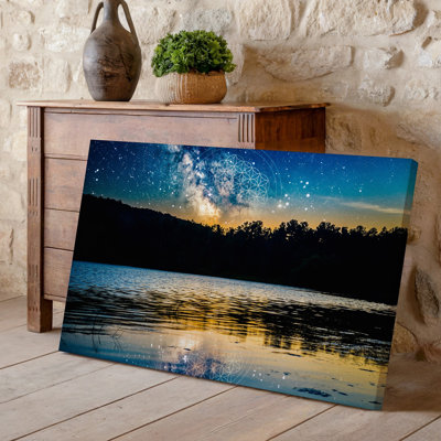 Canvas A Serene Twilight Landscape Featuring A Calm Lake Reflecting A Wall Art Stunning Starry Sky Filled With Golden Hues And Deep Canvas Wall Art