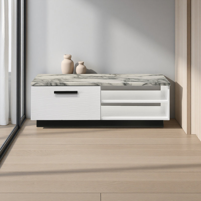 Table basse blanche 47 po avec plateau en faux marbre blanc