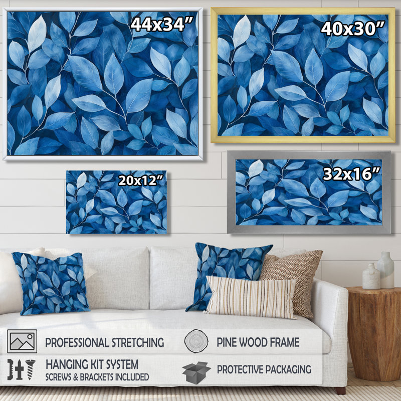 Indigo feuilles feuillage collage I - feuilles, art mural, Reproduction encadrée d'une seule photo, H 30 po x l 40 po, Noir