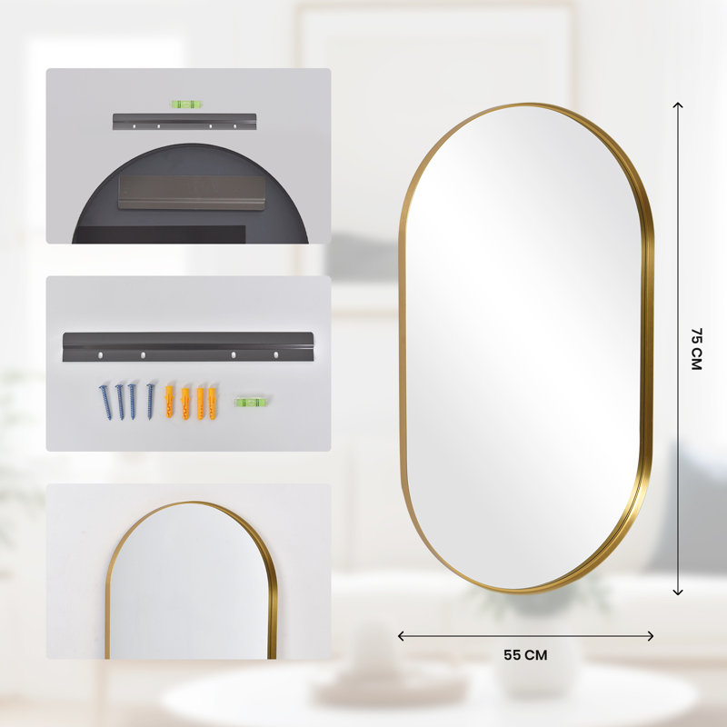 Oval Mirror, Gold, 75cm H x 55cm W