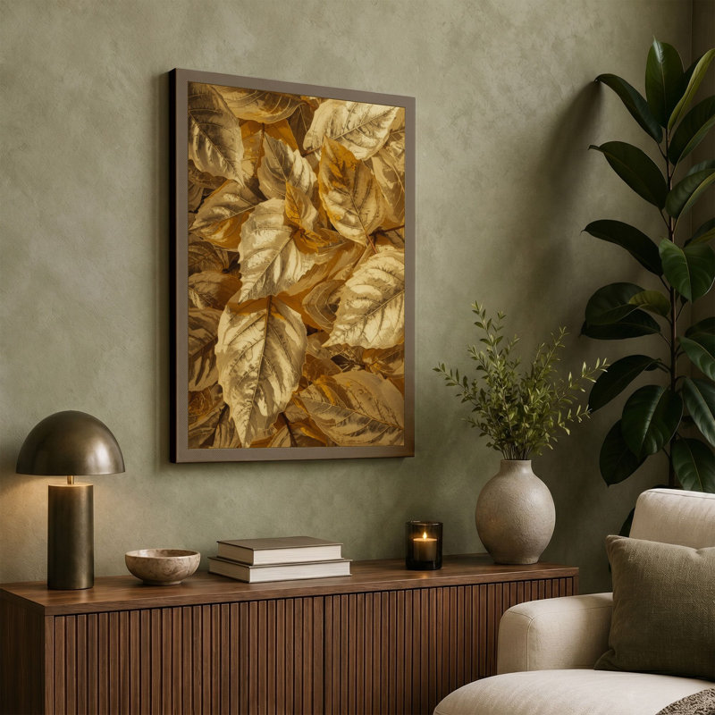 Gilded Leaves Botanical - Wrapped Canvas, 36x24 - 91.4 x 61.0 cm, Taupe Border