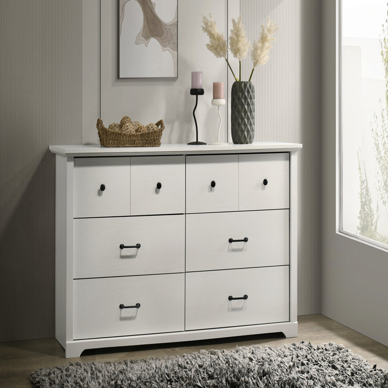 57"W White 6-Drawer Dresser With Black Handles, White