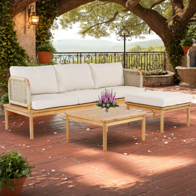 3-Piece Acacia Wood Outdoor Sofa Set with Rope Weave, Patio Conversation Set with Cushions & Table