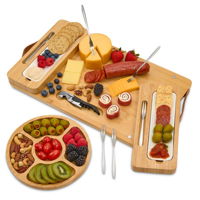 Bamboo Charcuterie Board Set With Magnetic Removable Side Boards - Housewarming, Anniversary, Birthday Gift