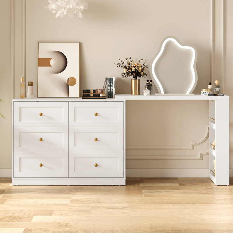 Extendable Makeup Vanity Desk With 6 Drawers, White