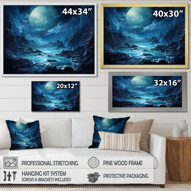 " Planet Neptune Deep Blue I ", 12" H x 20" W x 1" D, Silver Picture Framed