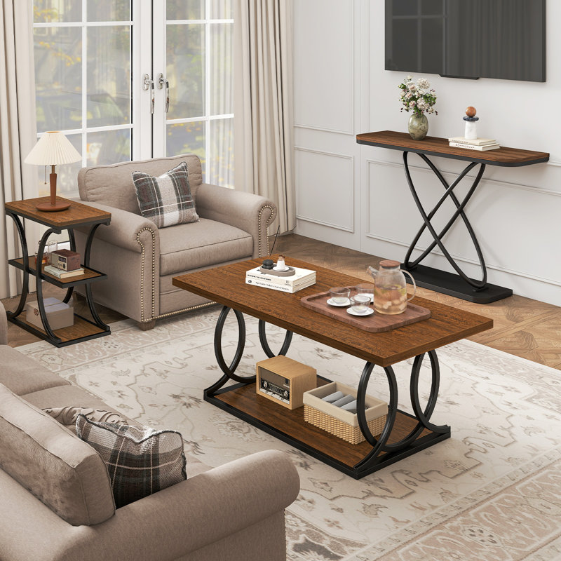 2 Tier 42 inch Modern Coffee Table with Storage, Center Table For Living Room, Walnut