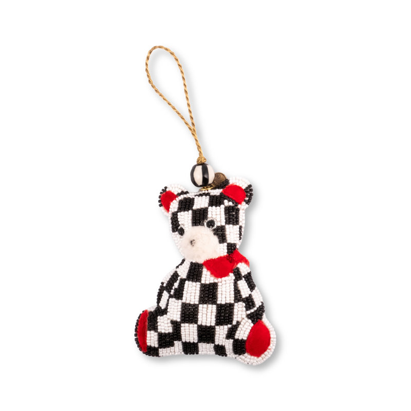 Mocha Check Bear Beaded Ornament, Black/White