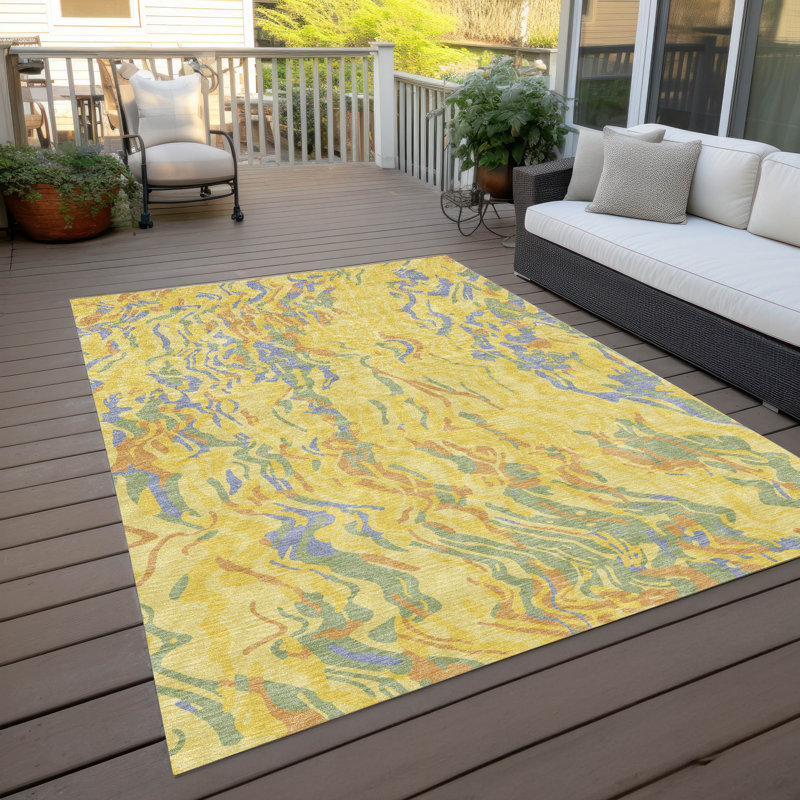 Yellow Rectangular Flat Woven Synthetic Washable Rug, 46" x 30"