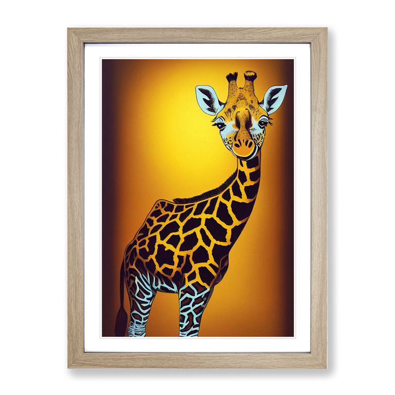 Young Giraffe - Single Picture Frame Painting, 46cm H x 34cm W x 2cm D, Oak