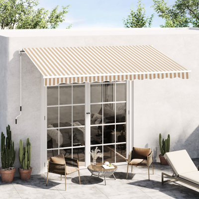 Auvent de terrasse rétractable 13 po x 8 pi et abri soleil, manivelle manuelle, cadre en aluminium pour balcon de terrasse, auvents à rayures beiges - protégés, eau, cadre, terrasse pare-soleil, cour, rayures