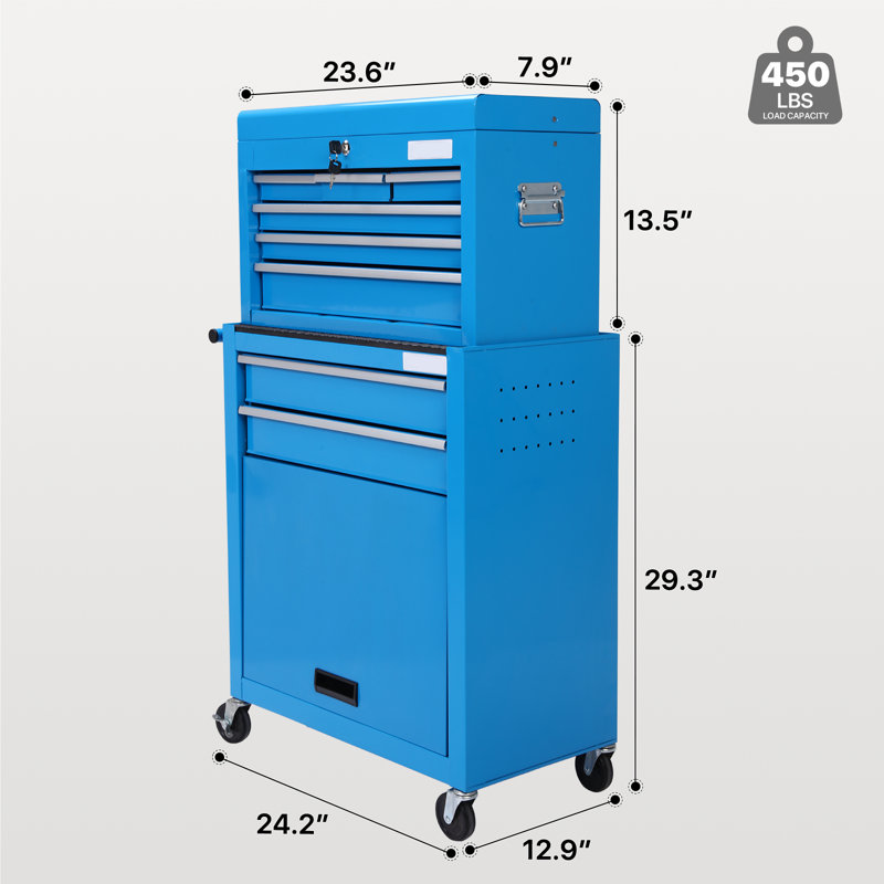 Coffre à outils à 8 tiroirs avec boîte à outils et roulettes, boîte à outils amovible, Bleu