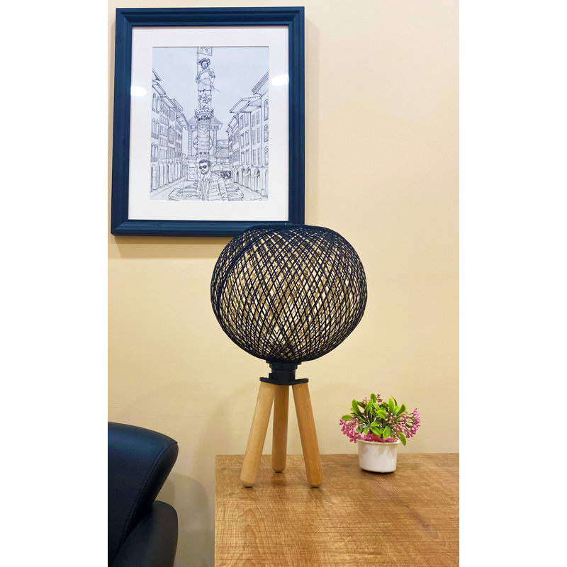 Scandinavian Style Table Lamp with Handmade Jute Chandelier, Black & Natural Colors, 16.5 x 9.4 inches | Wooden Legs, Max 59.1 in Cable, E27 Socket (Max 40W) | On/Off Switch, CE Certified, Elegant Home Decor