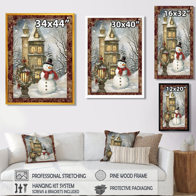 Christmas Snowman In Snowy Winter Rustic Landscape - Christmas Wall Art Living Room, Toile avec cadre flottant noir