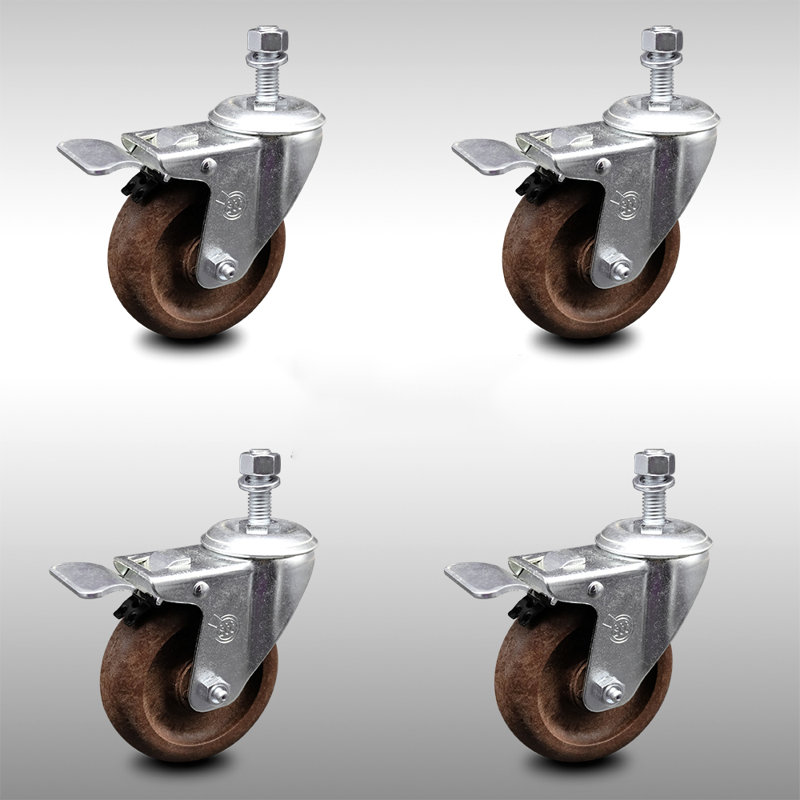 4 Inch SS High Temp Glass Filled Nylon 10mm Stem Caster Set Total Lock Brake