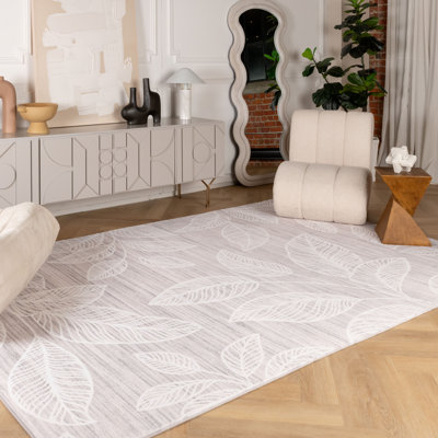 Tapis d'intérieur à feuilles botaniques crème / beige 8 pi x 11 pi (7 pi 7 po x 10 pi 10 po) Branch Branch Arbor, tapis contemporain, à poils moyens et résistant aux taches