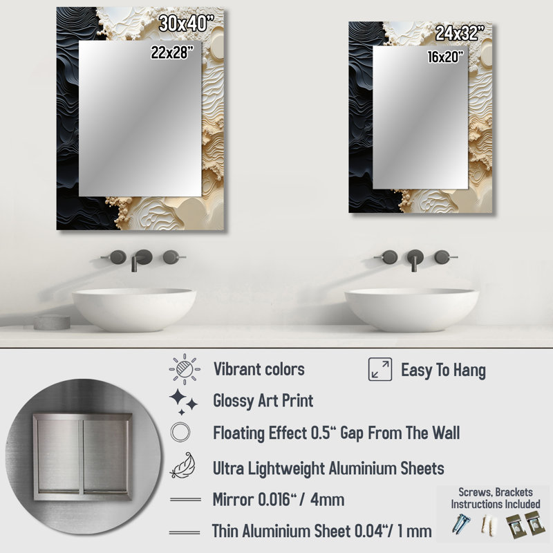 Abstract Cream And Black Liquid Paint - Coastal Wall Mirror, Cream Decorative Mirror, Printed Metal Art, 40" x 30"