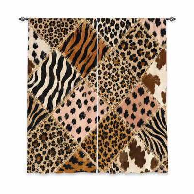 2 pièces de rideaux en patchwork à imprimé animal sauvage, tissu filtrant la lumière, motif à losanges rétro et audacieux, protection de la vie privée pare-soleil, conception à passe-tringle, convient au salon, à la chambre à coucher, au balcon et à la cuisine