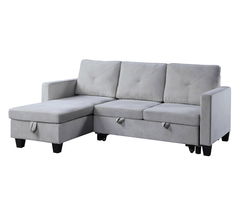 82.5" Velvet Reversible Sleeper Sectional Sofa With Storage Chaise, Light Gray